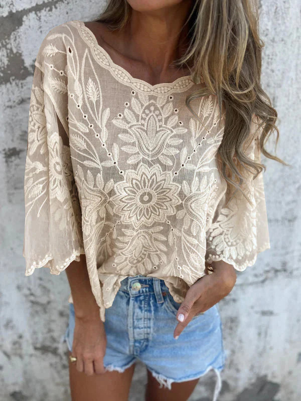 Women's Round Neck Floral Lace Casual Top