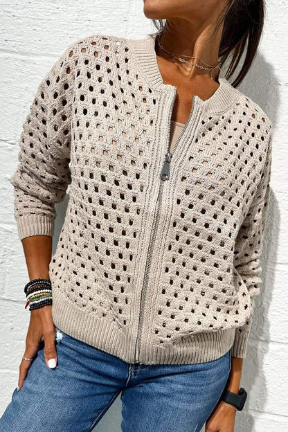 Women's casual hollow knitwear zipper jacket