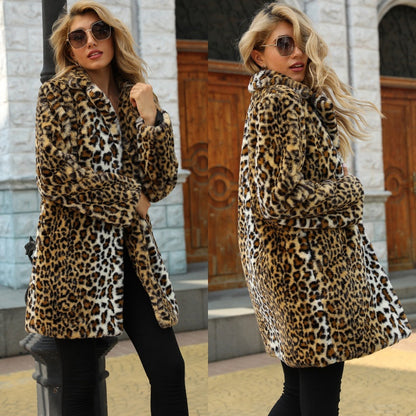 Women's Mid-Length Warm Faux Fur Leopard Print Coat