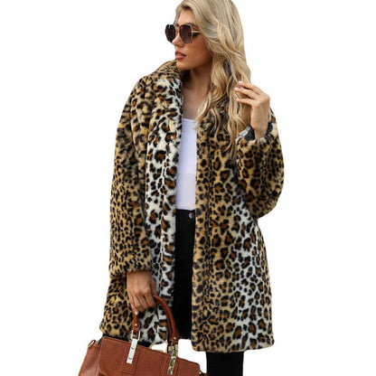 Women's Mid-Length Warm Faux Fur Leopard Print Coat